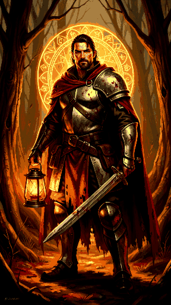 A powerful armored player character holding a lantern and sword before a haunted forest